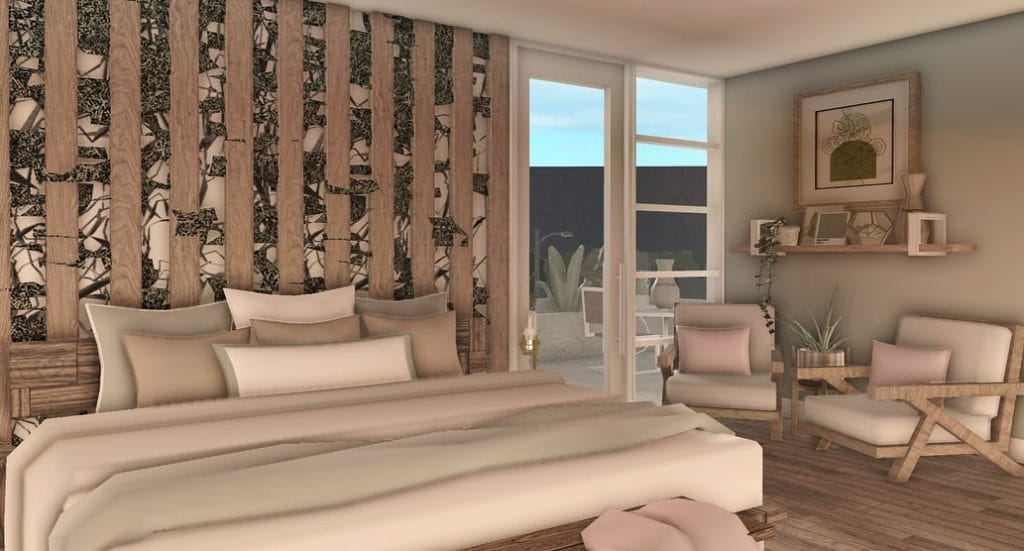 A master bedroom with neutral tones, wood accents, and a calming nature-inspired design.