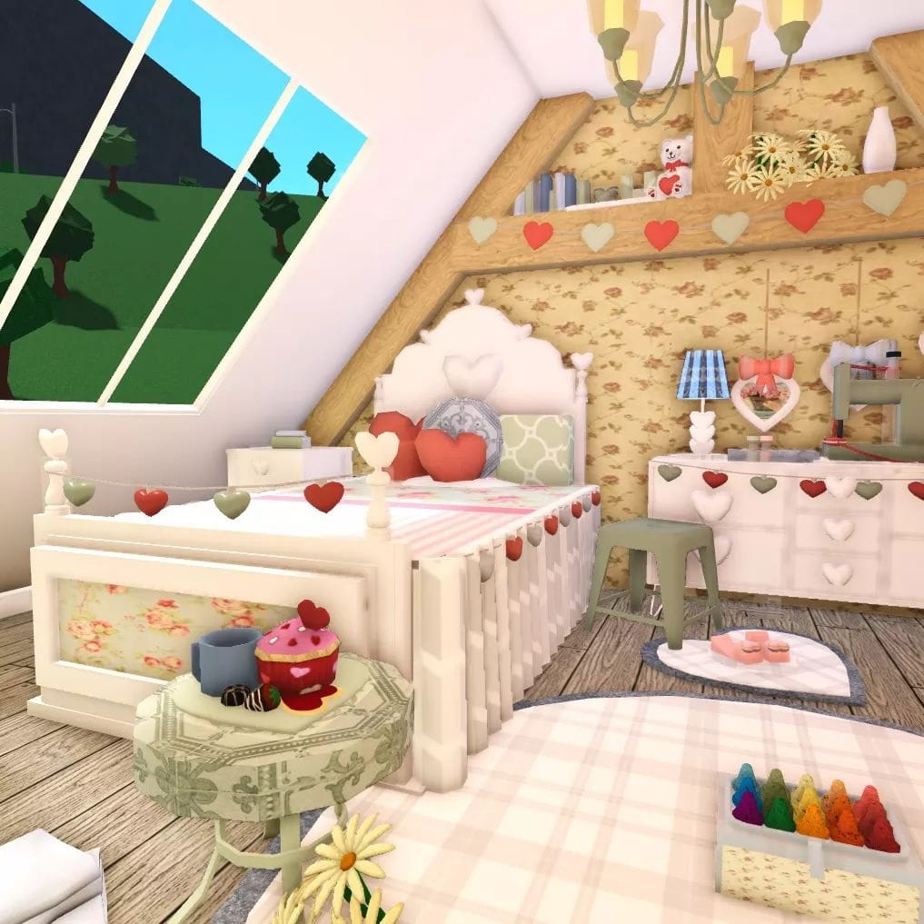 A loft bedroom with floral patterns, heart motifs, and a cozy, whimsical atmosphere.