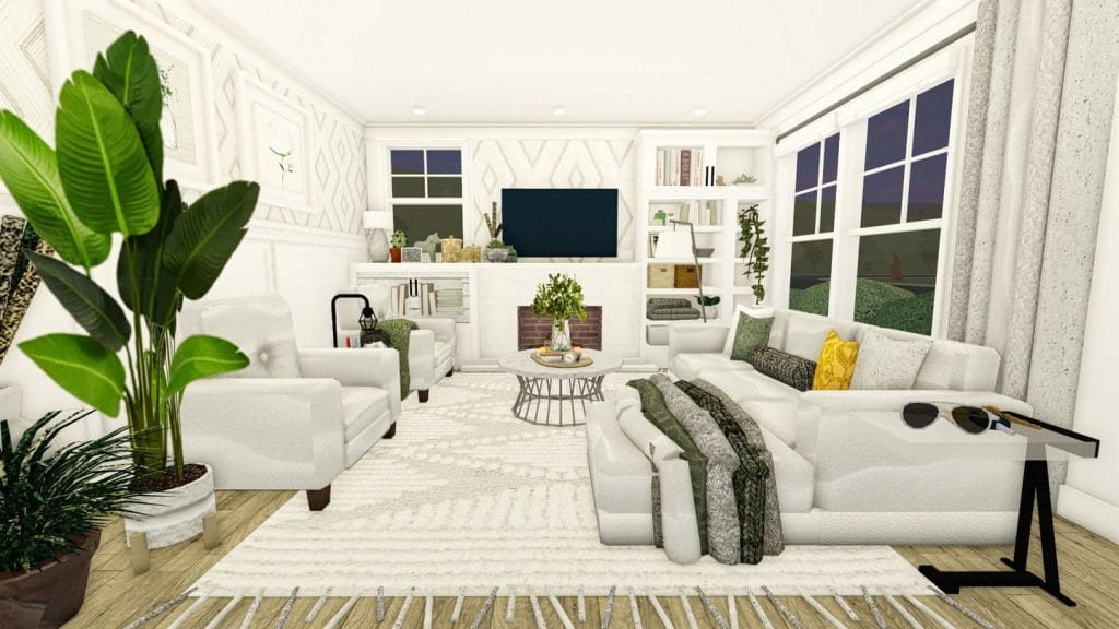 A trendy boho living room in a suburban bungalow with earthy tones and eclectic decor.