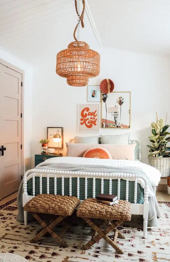 Teen bedroom with rattan pendant light, wicker stools, and cozy bedding.