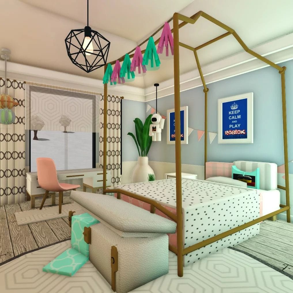 A modern teen bedroom with a space theme, featuring a canopy bed with bunting, geometric wall art, and a study area.