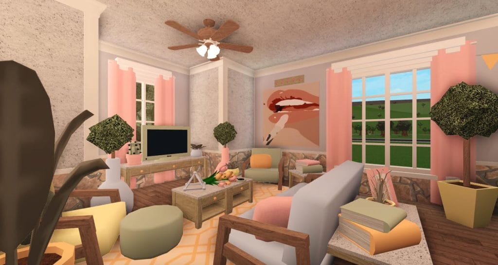 Bright living room with pastel colors and large windows.