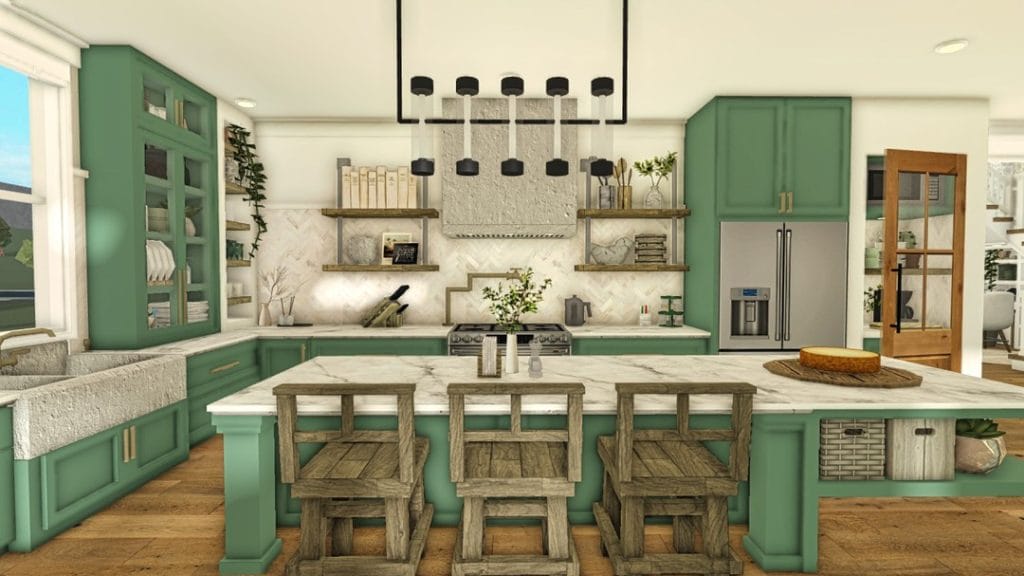 Rustic farmhouse kitchen with wooden accents and open shelving.