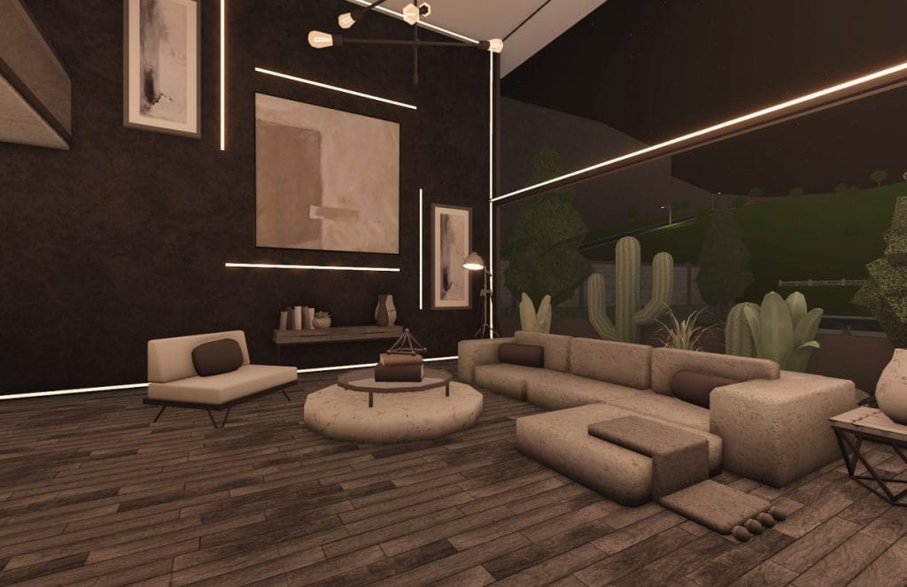 Loft-style living room with dark walls and modern furniture.