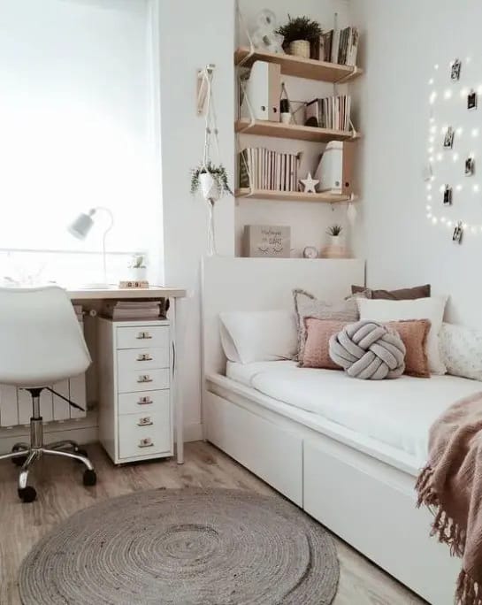 Cozy teen bedroom with a neutral color palette and soft textures.