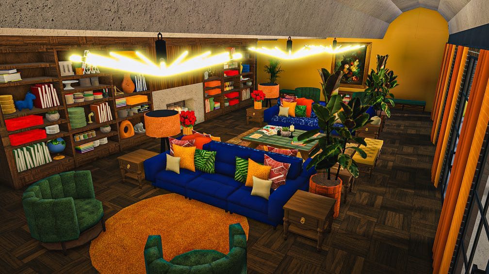 Mid-century modern living room with colorful decor, bold lighting, and eclectic furniture.