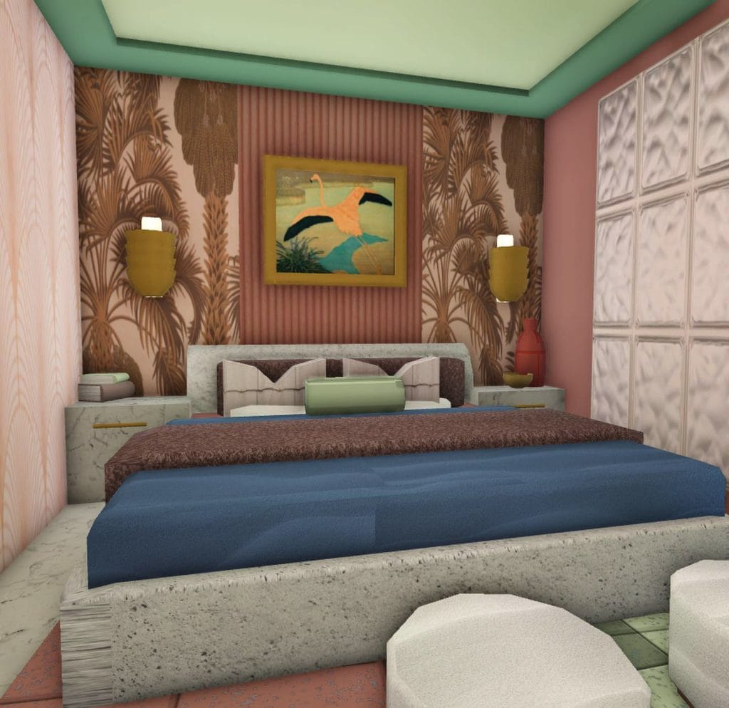 A pastel Art Deco bedroom with a flamingo painting and luxurious fabrics.