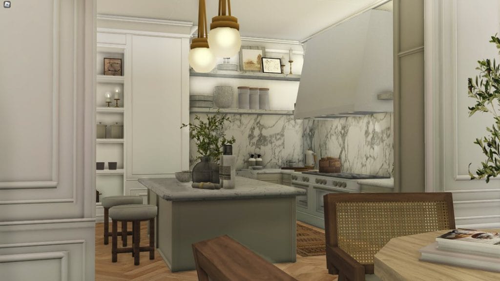 An elegant Parisian kitchen with marble countertops, green accents, and open shelving.