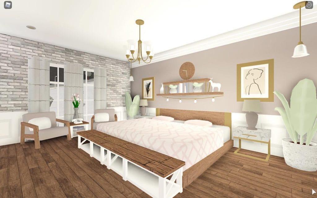 A spacious bedroom with a neutral color palette, natural wood accents, a large bed, ample seating, and decorative elements like framed artwork and plants.