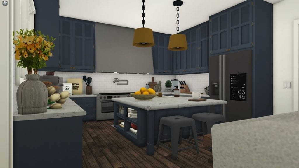 A simple and cozy Bloxburg kitchen with neutral colors, clean lines, and open shelving.