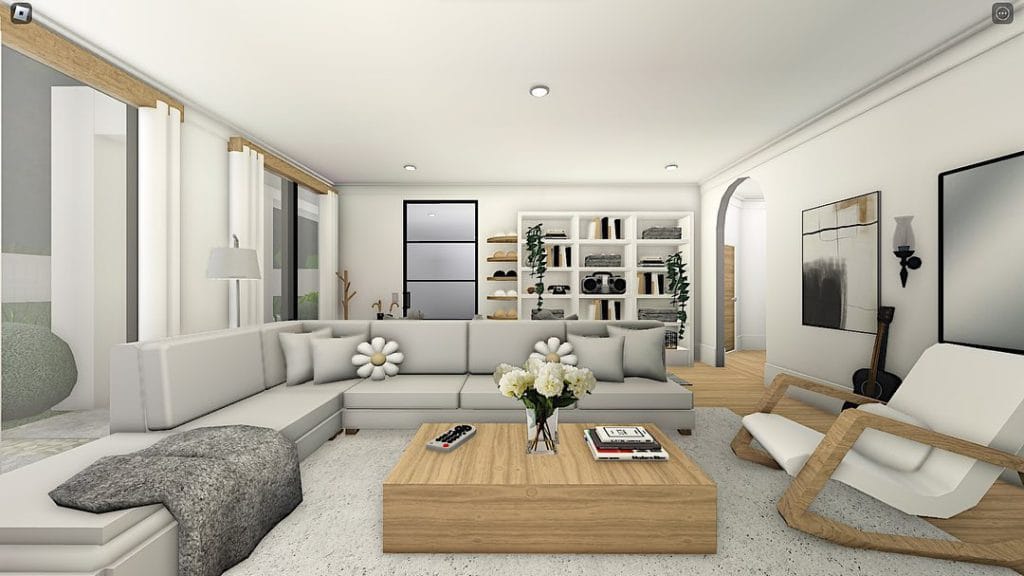 Minimalist Bloxburg living room with neutral tones, light wood accents, and modern decor.