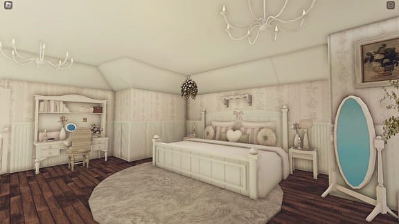 A French cottage-style bedroom with vintage furniture and soft colors.