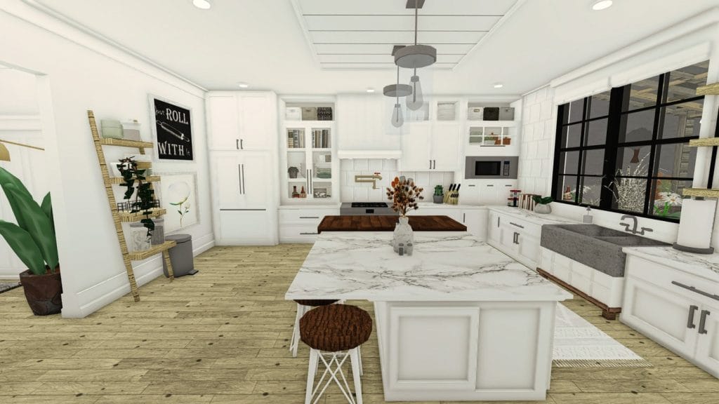 Traditional kitchen with white cabinets, wooden accents, and open shelving.