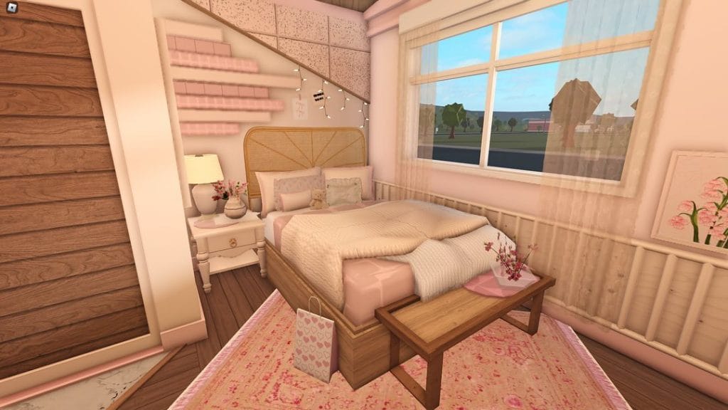 A cozy starter home bedroom with a wooden bed frame, plaid bedding, and minimal decor.