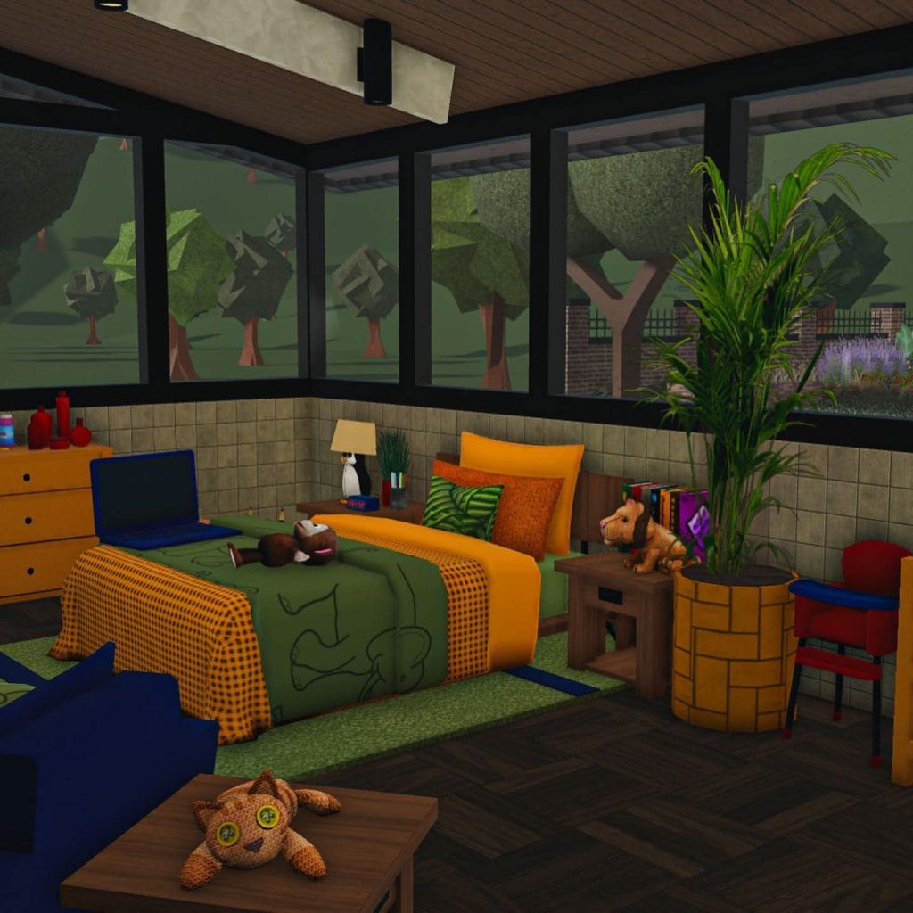 A playful nursery and kids' room with a cozy bed, study area, and colorful decor in a mid-century modern style.