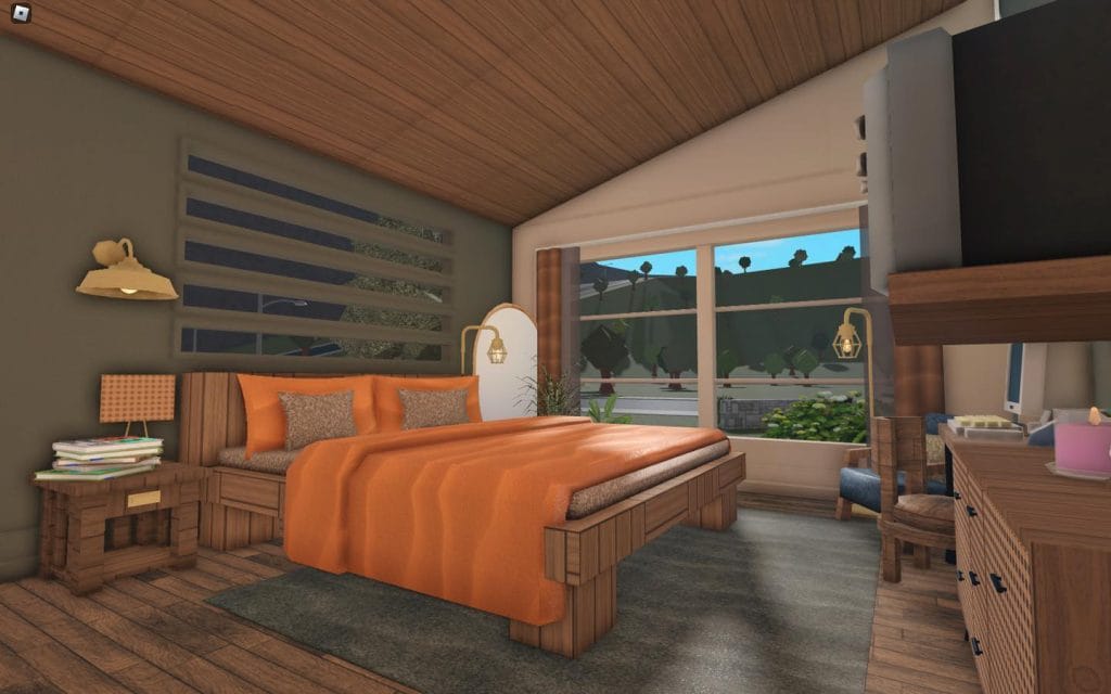 Mid-century modern bedroom with orange bedding, warm wood furniture, and earthy wall tones.