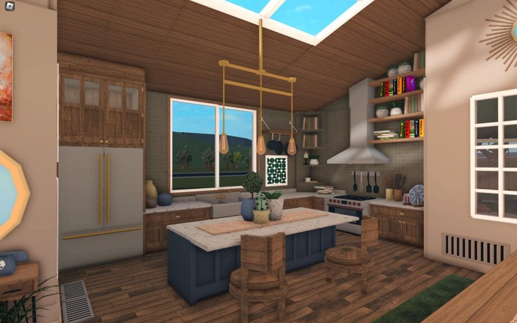 Mid-century modern kitchen with wood finishes, sleek lines, and a skylight.