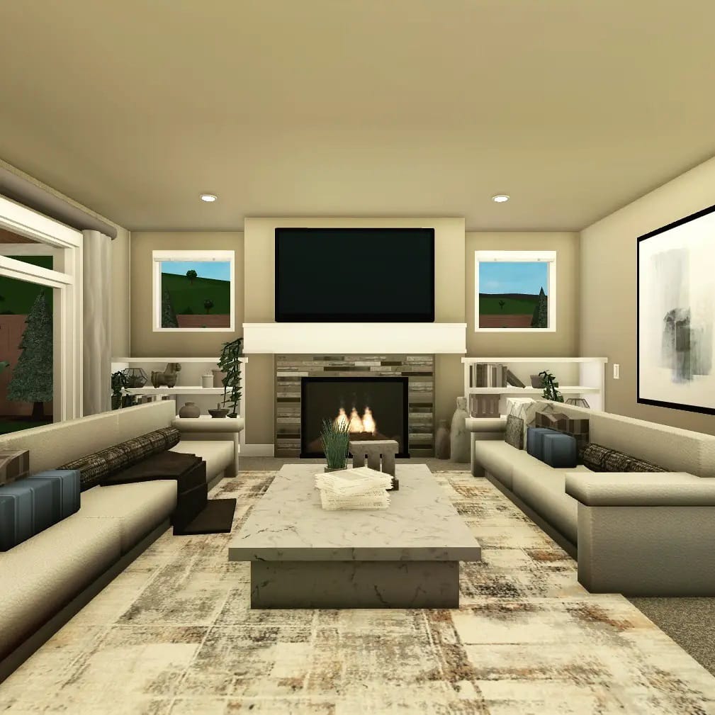 Modern craftsman living room with a large fireplace, neutral furnishings, and natural light.