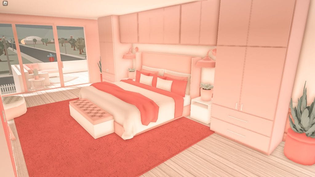 Vibrant pink bedroom with pink furniture and decor, inspired by the Barbie Dream House.