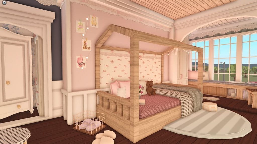 Cozy bedroom with a canopy bed, pastel colors, and a teddy bear on the bed.