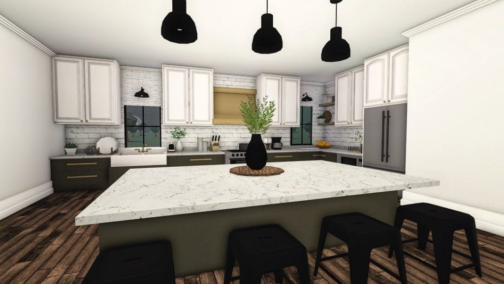 Family farmhouse kitchen with a large sink and open shelving.