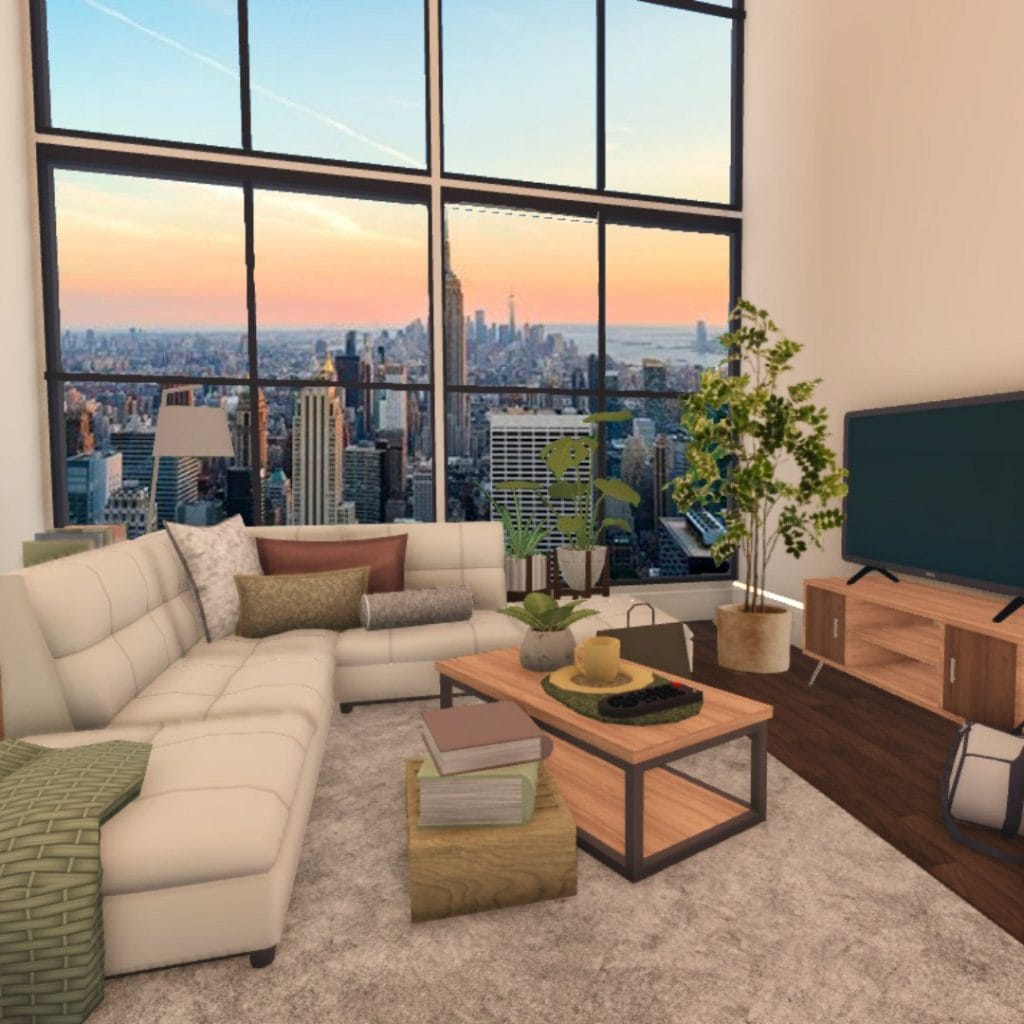 Modern loft living room with floor-to-ceiling windows and a view of the New York City skyline.