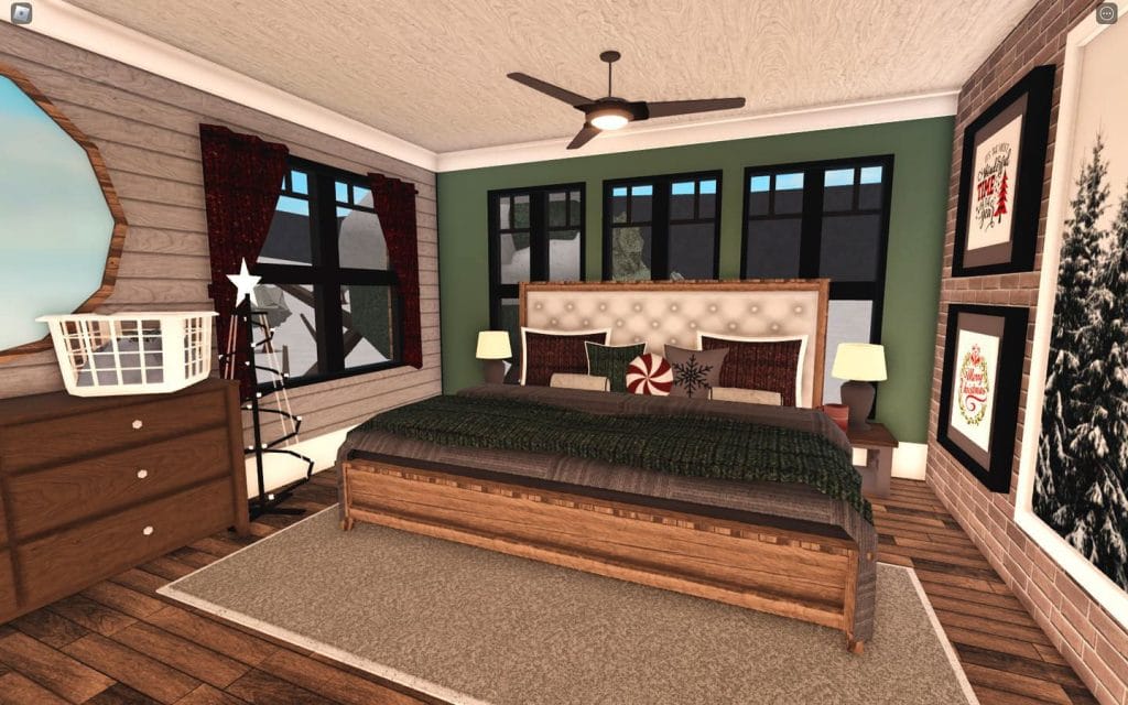 Cozy Rustic Winter Mansion Bedroom with wood accents, plush bedding, and festive decorations.