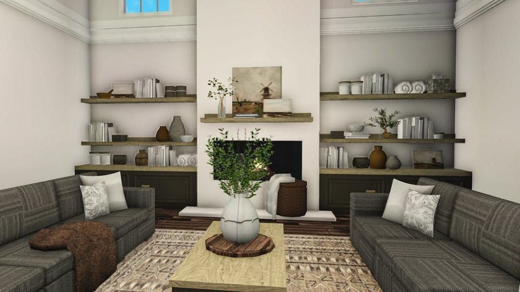 Modern farmhouse living room with sleek lines, neutral colors, and built-in shelves around a fireplace.