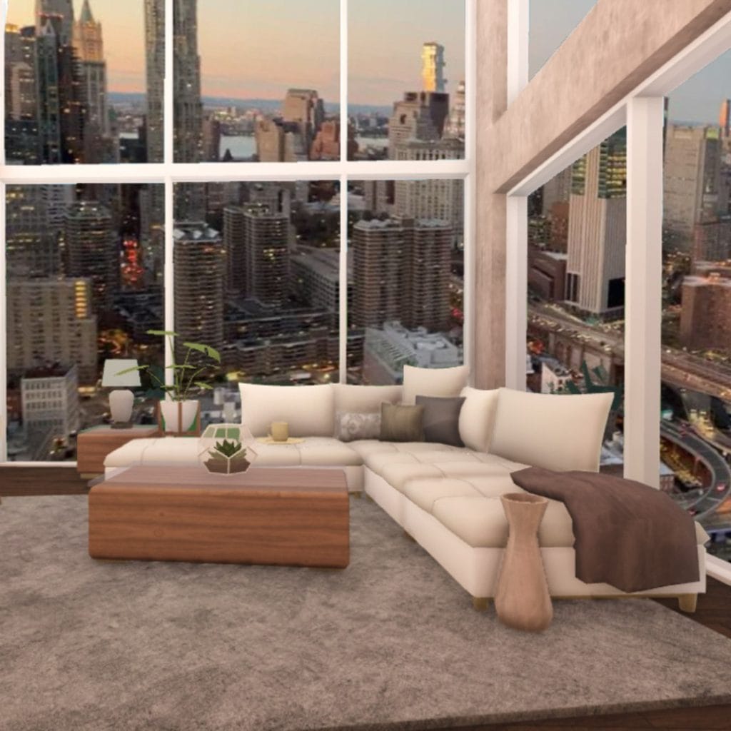 High-rise apartment living room with panoramic city views and minimalist decor.