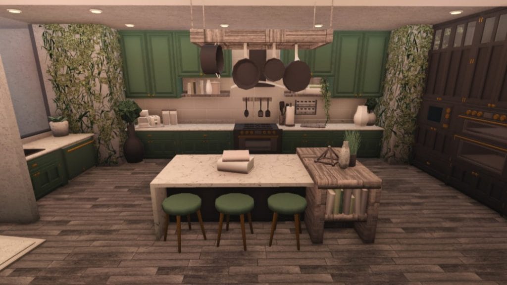 Luxurious modern kitchen with green cabinetry and elegant finishes, creating a sophisticated atmosphere.