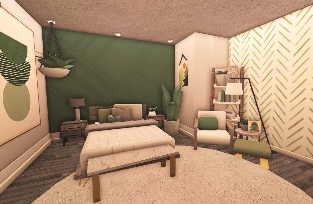 Luxurious Green Modern House Bedroom with a rich green color scheme and contemporary furnishings.