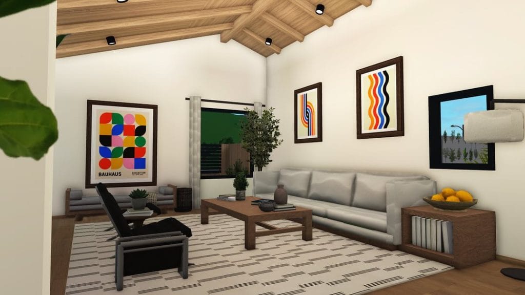 A modern Japanese-style living room with minimalist design, neutral colors, and traditional artwork.