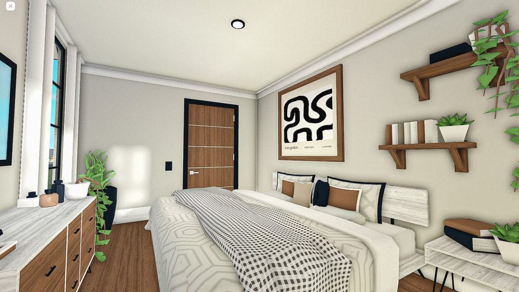 A modern family farmhouse bedroom with neutral colors, wood accents, and large windows.