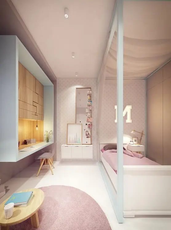 Modern room with a canopy bed, built-in storage, and a stylish workspace.