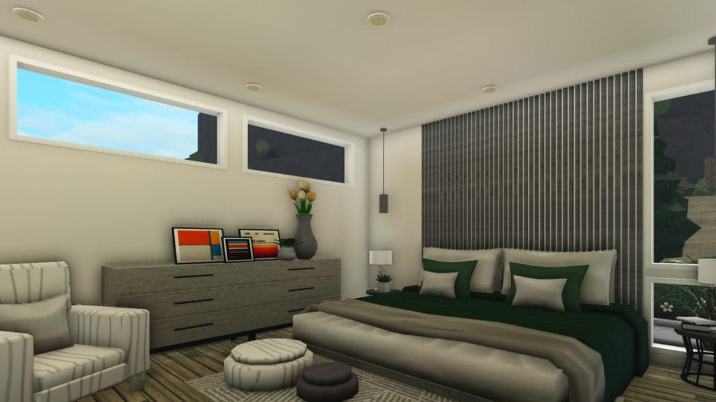 A modern midcentury bedroom with clean lines, muted colors, and minimalist decor.