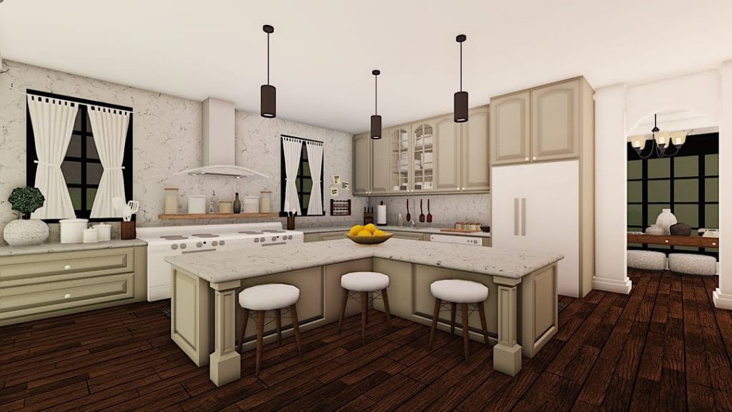 A luxurious Bloxburg kitchen with marble countertops, a large island, and neutral tones.