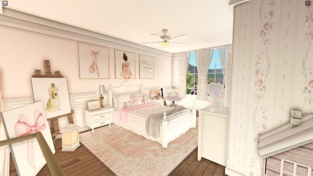 A soft and feminine bedroom with pastel pink and white decor, ballet-themed artwork, floral patterns, and a canopy bed.