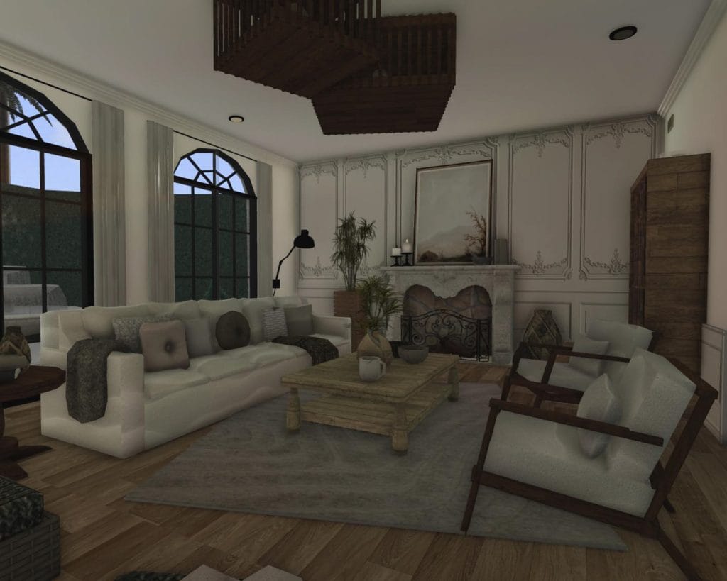 A Mediterranean vacation home living room with warm colors, rustic furniture, and elegant decor.