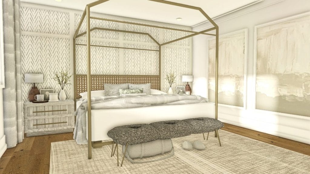 A cozy bedroom with a four-poster bed, neutral colors, and a patterned accent wall.