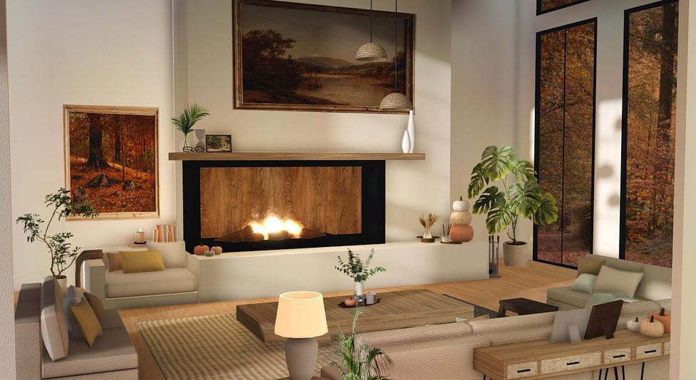 Modern rustic living room with wooden beams and earth-toned furniture.