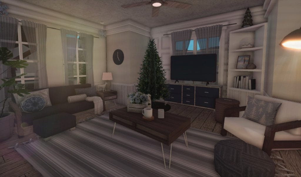 Cozy winter living room with Christmas tree, warm colors, and elegant furniture.