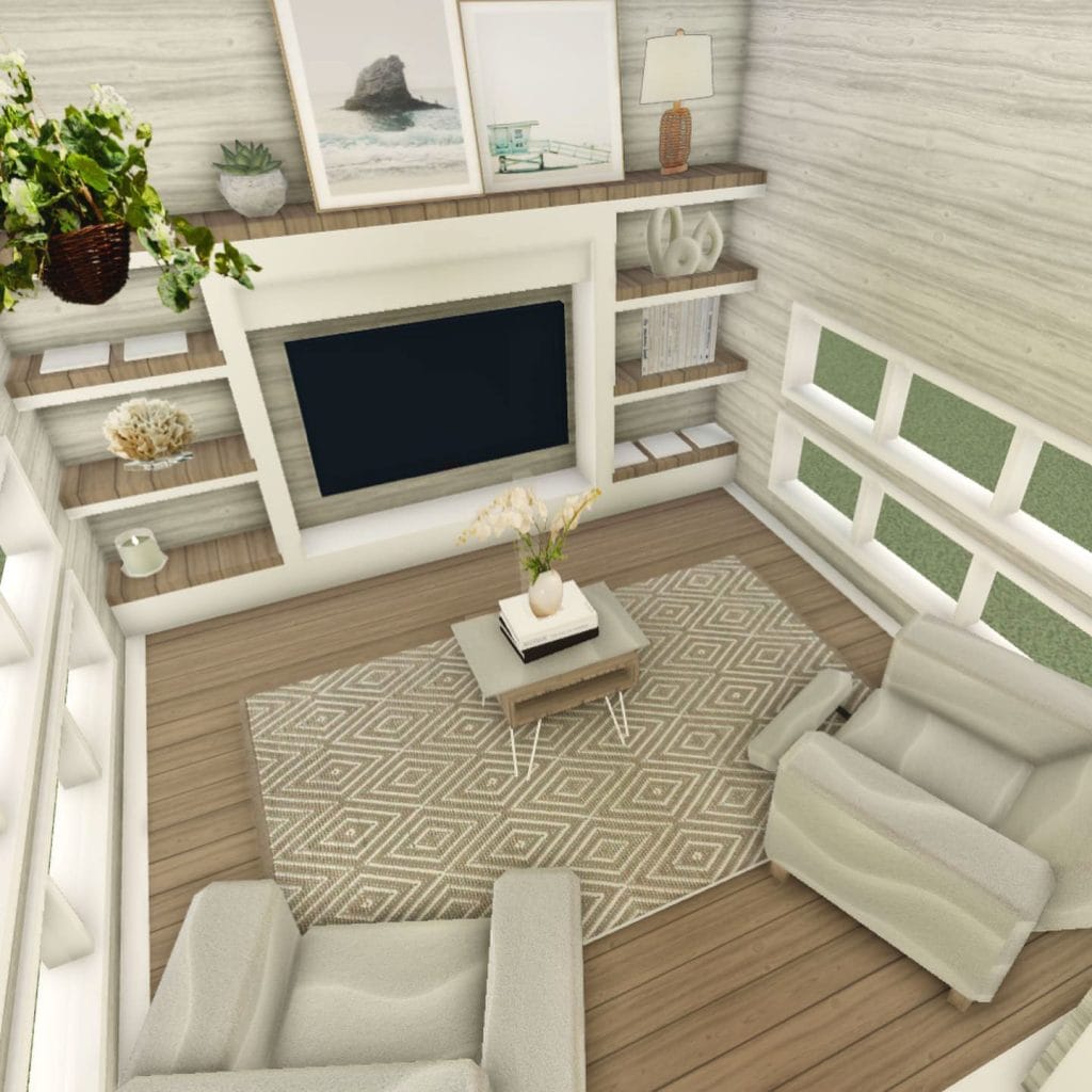 Minimalist tiny home living room with neutral tones and large windows.