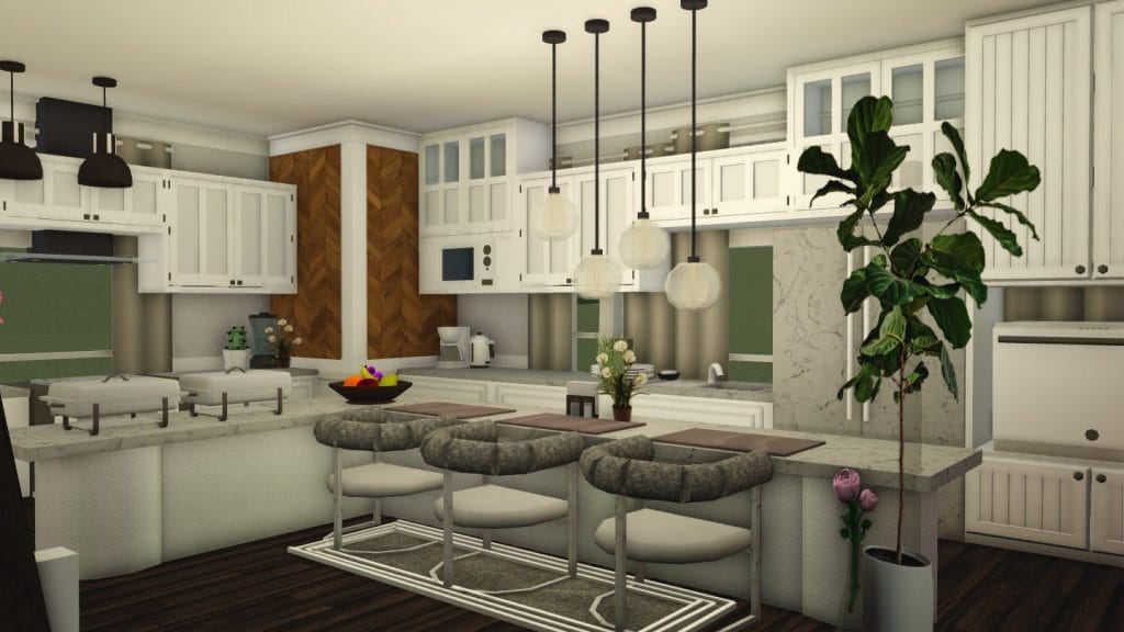 A realistic family home kitchen with modern appliances, white cabinets, and a practical layout with a cozy dining area.