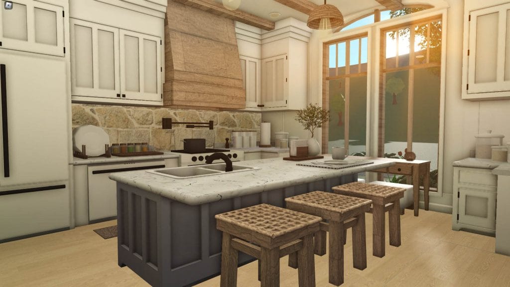 A luxurious kitchen with sleek countertops, elegant lighting, and a spacious island, blending white and wood tones.