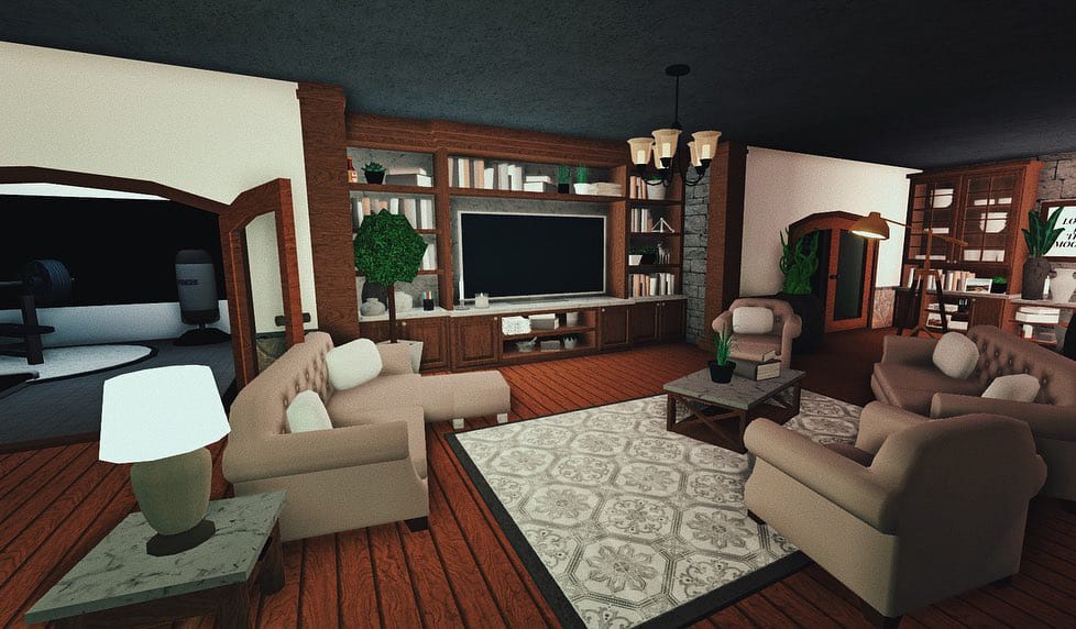 Rustic Bloxburg living room with warm wood tones, earthy decor, and traditional Spanish villa style.