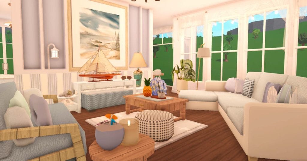 A coastal home living room with light, airy colors, nautical accents, and comfortable furnishings.