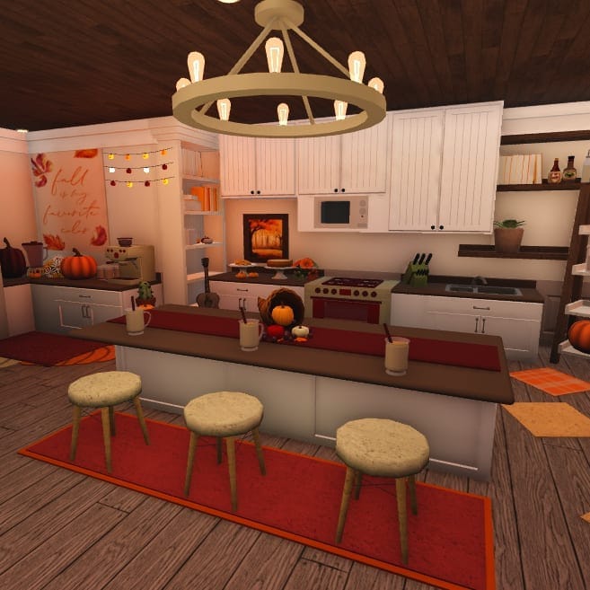 A compact kitchen with warm autumnal colors, featuring all essential appliances in a cozy layout.