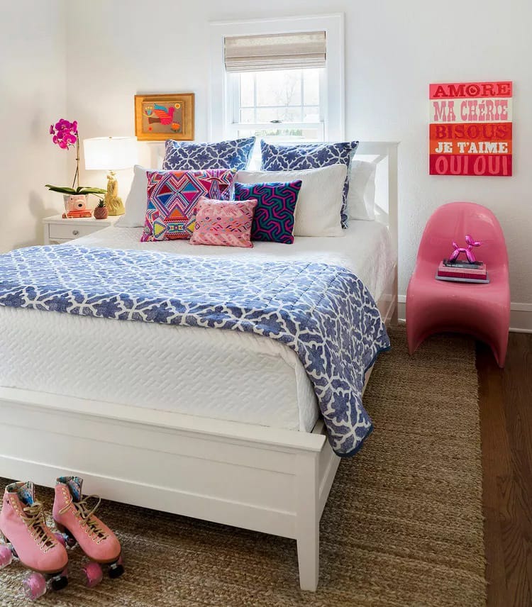 Eclectic room with bold colors, vibrant patterns, and playful decor.