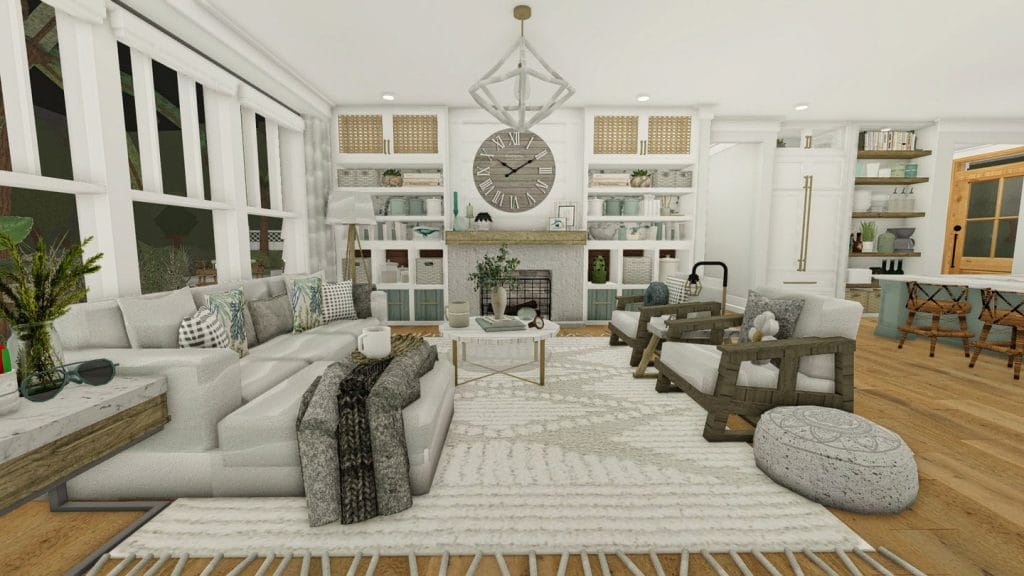 A coastal beach house living room with light blue tones, nautical decor, and large windows letting in natural light.