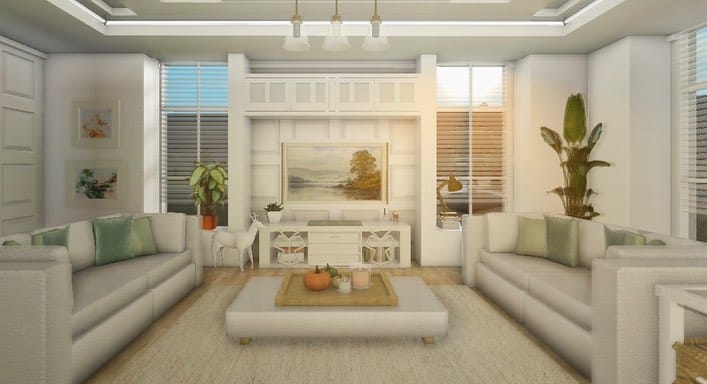 An autumn-themed apartment living room with neutral furniture, plush cushions, and seasonal decorations in warm tones.